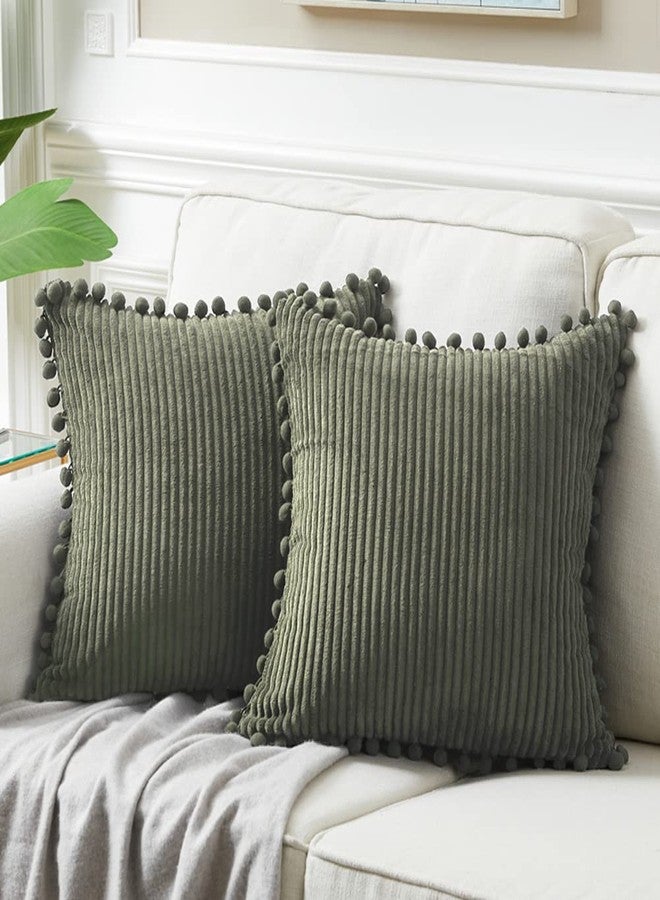 Fancy Homi طقم غطاءي وسادة زينة من فانسي هومي، لون أخضر زيتوني، مقاس 16×16 بوصة، مزينين بكرات صغيرة، مناسبين للأريكة والسرير وغرفة النوم، غطاء وسادة مربع من قماش الكوردروي الناعم، مقاس 40×40 سم، ديكور منزلي ريفي بوهيمي - Image 1